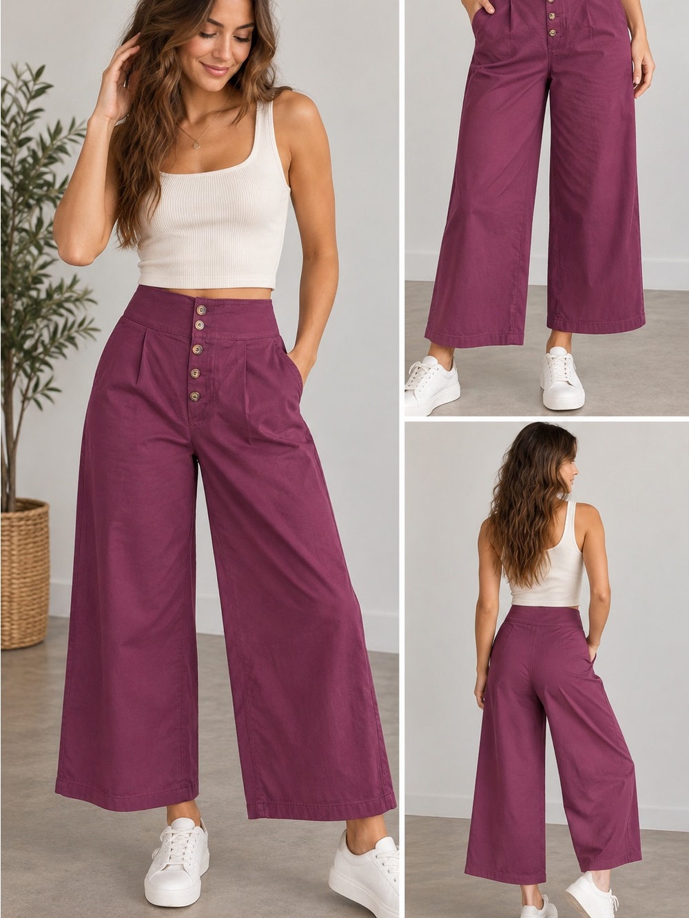 Hollister High Rise Wide Leg Crop Pants Plum Purple Size Large Button Fly